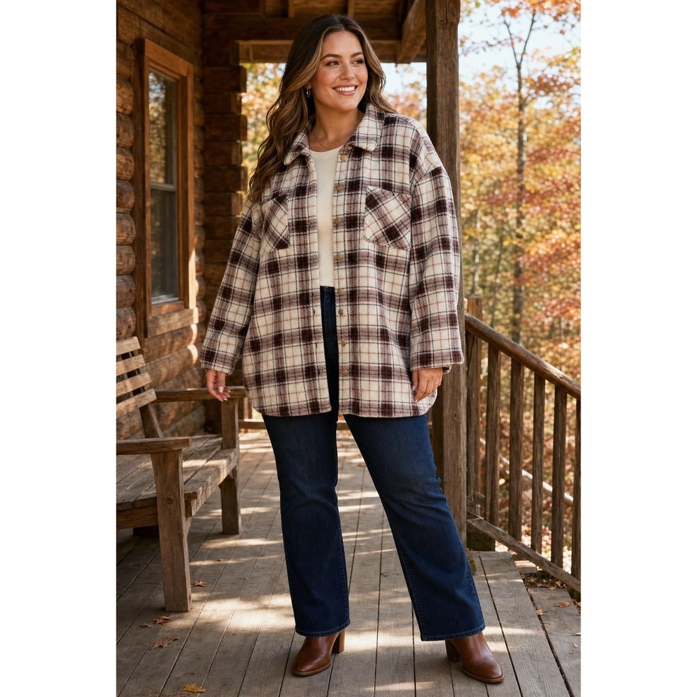 Torrid Plaid Sherpa Snap Front Shacket Women's 4 4X Cream Brown Pink Cozy Cabin